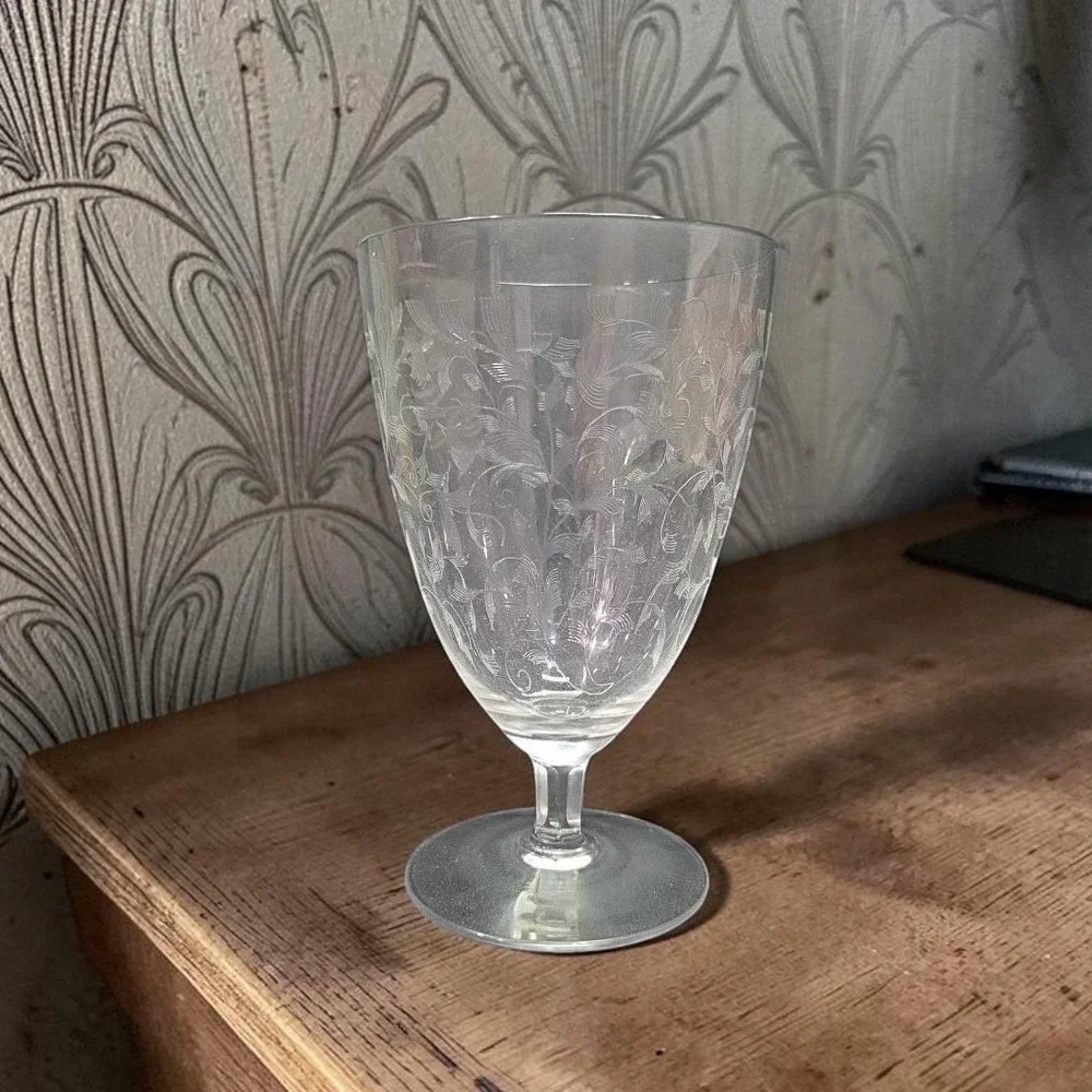 Leaf Etched Ice Tea Glass, Vintage‎ Footed Water Goblet, Replacement Drinkware
